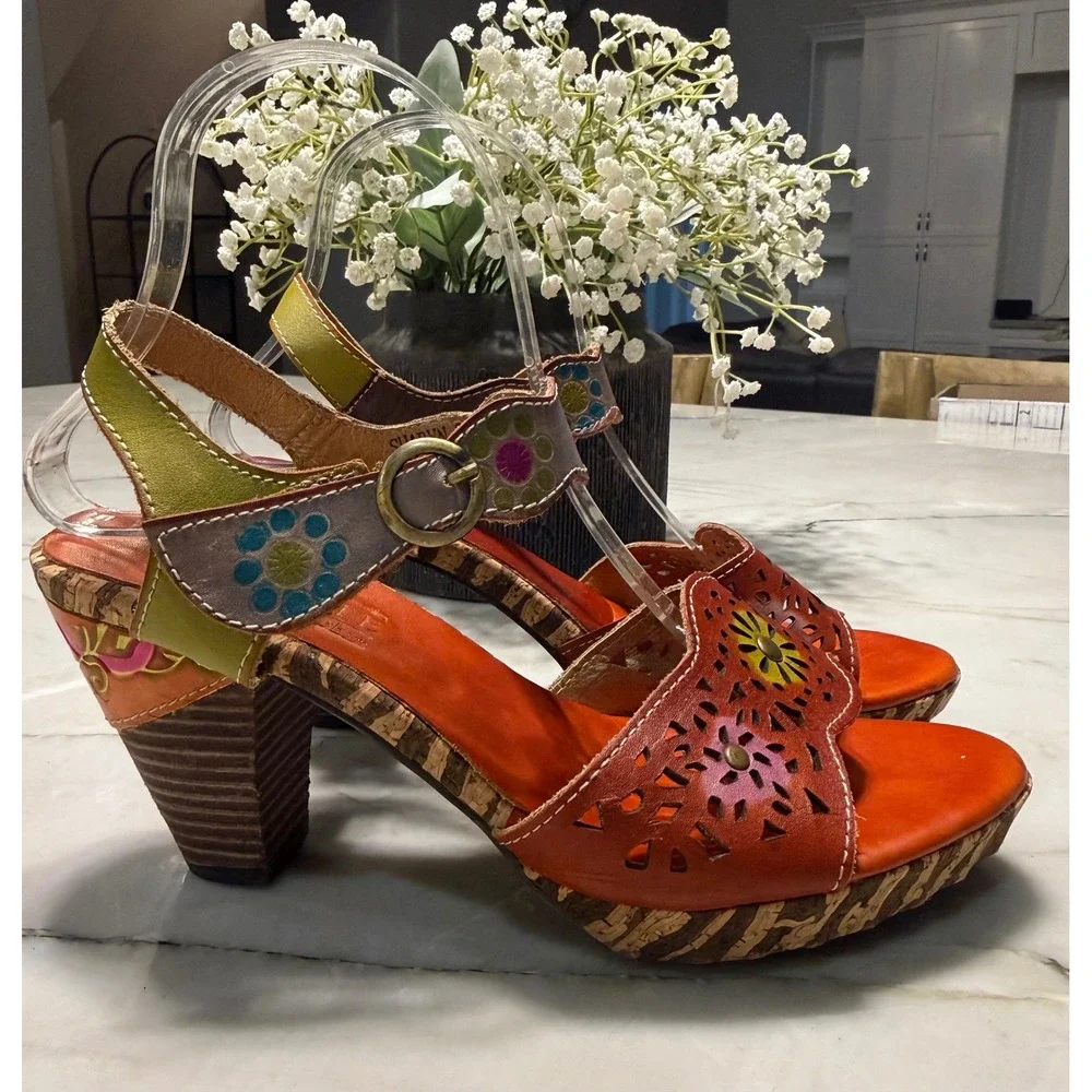 L'Artiste Spring Step Sharyn Leather Sandals Floral Hand Painted Boho Heel 39